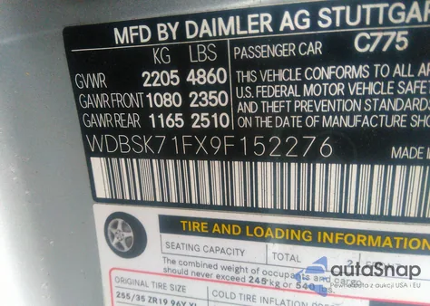 2009 Mercedes-Benz Sl 550 z USA, uszkodzony, nr VIN WDBSK71FX9F152276